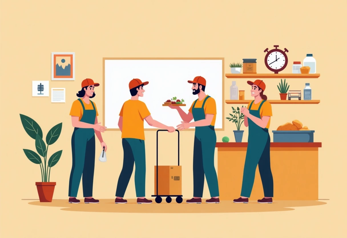 Vibrant kitchen scene with hospitality workers