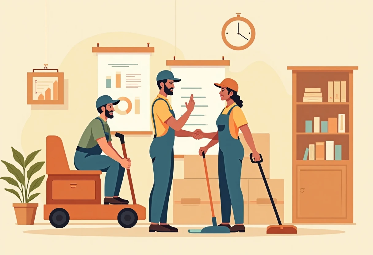 Trabajadores de limpieza cooperando