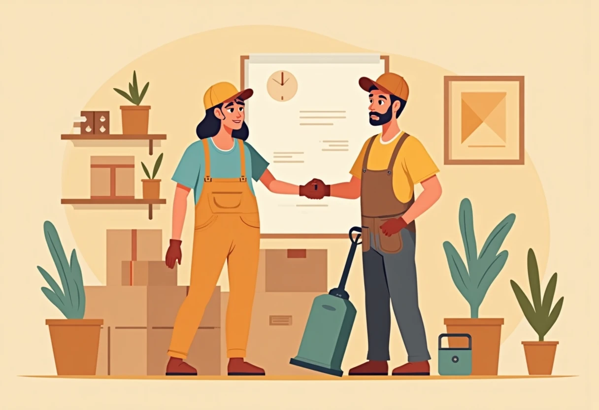 Trabajadores de almacén y limpieza colaborando
