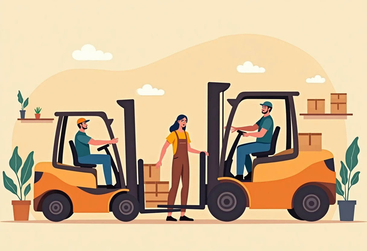 Warehouse workers using forklifts